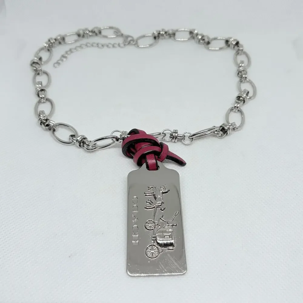 Coach Silver Hang Tag Pendant Necklace w/Red Leather Fob Silver Chain 18 Inch - Picture 3 of 9